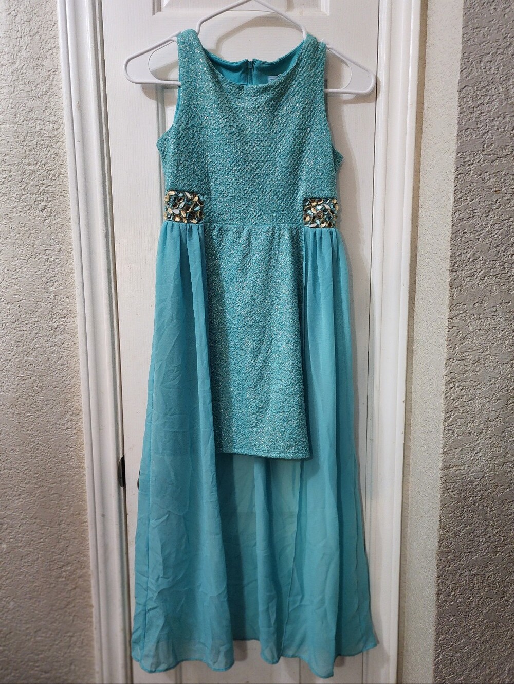 Sparkling Aqua Girls Formal Dress with Chiffon Skirt
